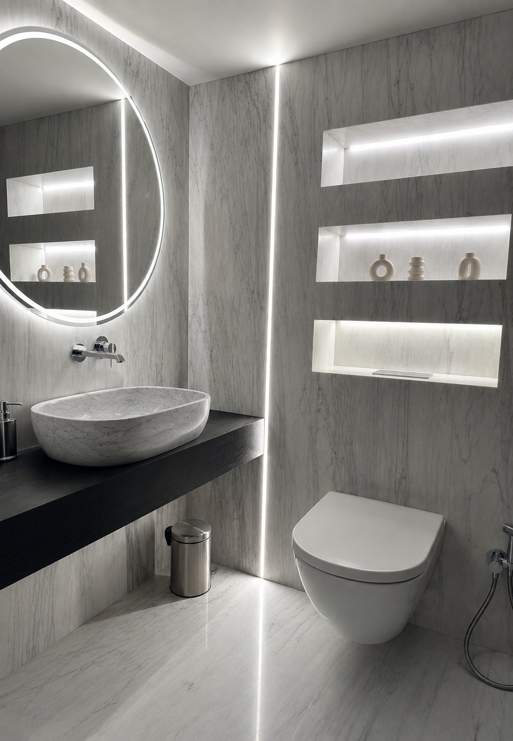 WC invité du duplex Maubourg en marbre clair avec niches éclairées