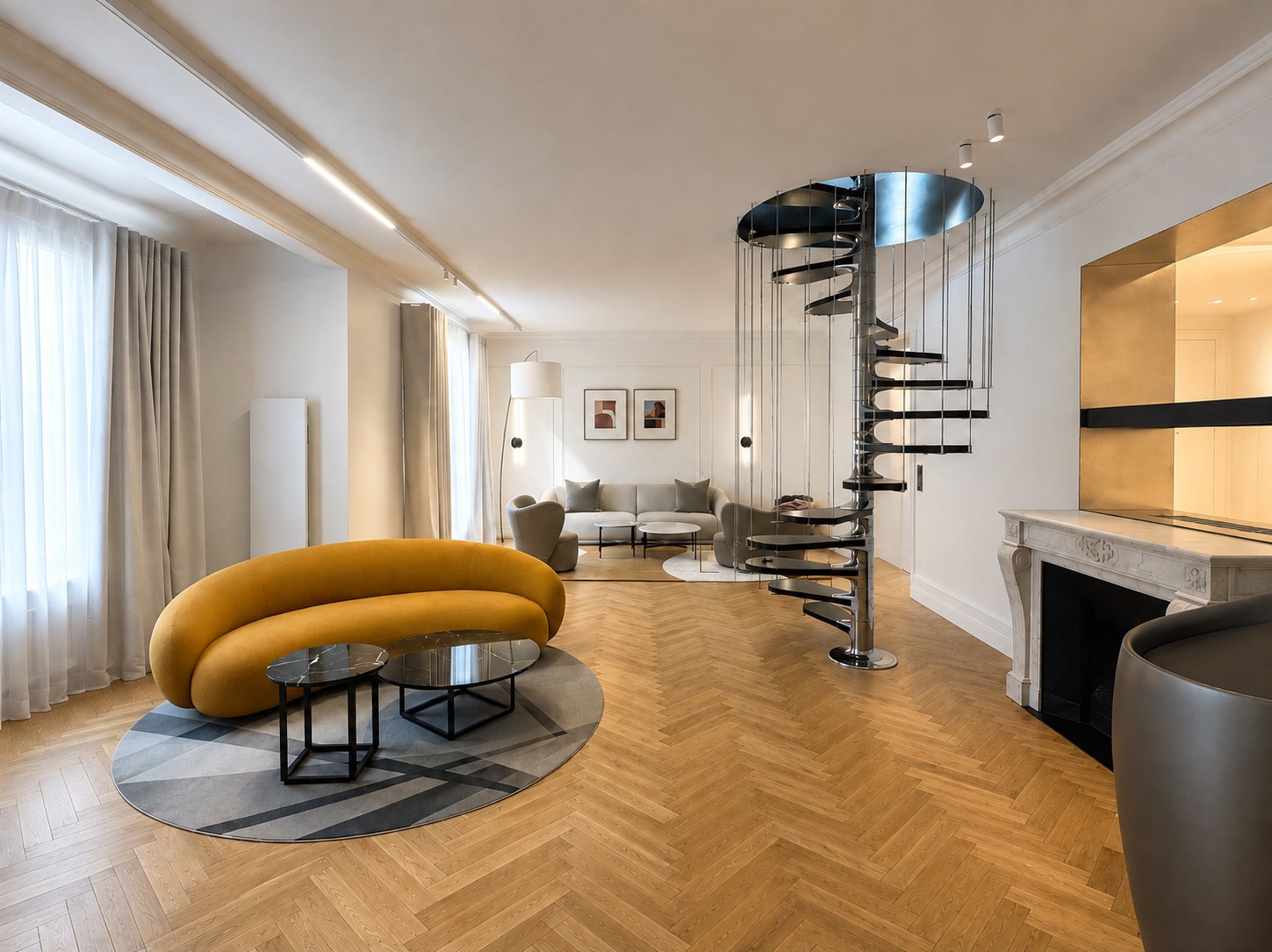 Séjour du duplex Périer, escalier hélicoïdal en métal et parquet à chevrons